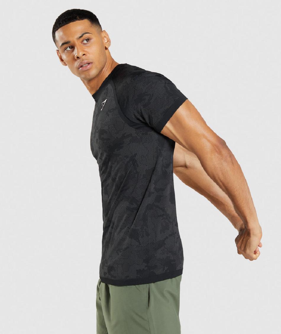 T Shirts Męskie Gymshark Geo Seamless Czarne Szare | PL 3777ZUT